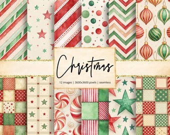 Papel digital navideño, rojo, verde, retro, mediados de siglo, festivo, alegre, Papá Noel, Navidad, fondos, diario basura, álbum de recortes, sin costuras