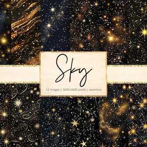 Pode incluir: Uma coleção de arte digital com temas celestiais. As imagens apresentam um fundo escuro com estrelas douradas e padrões em espiral. A palavra "Sky" está escrita em itálico num retângulo creme.