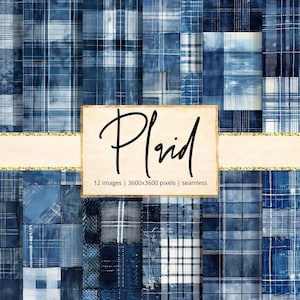 Könnte beinhalten: Eine Sammlung von zwölf nahtlosen Karomustern in Blautönen. Das Wort "Plaid" ist in einer Schreibschrift auf einem beigen Banner mit goldfarbenem Glitzerbesatz geschrieben. Die Bilder sind 3600x3600 Pixel groß.