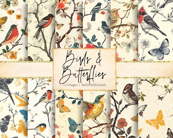 Vögel Schmetterlinge Digitales Papier, Junk-e-Vogel-Papier, Vintage-Vogel-Journal, Aquarell Vögel, Ephemera, Garten, Scrapbook-Papier, kommerzielle Nutzung