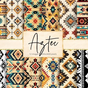 May include: Twelve digital paper designs featuring geometric patterns in shades of red, blue, yellow, black, and white. The patterns are inspired by Aztec art and are perfect for crafting projects.