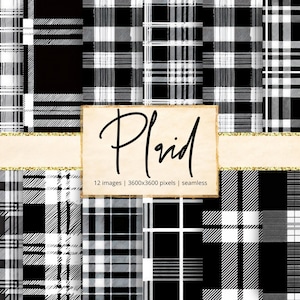 Puede incluir: Una colección de patrones de cuadros en blanco y negro. La imagen presenta varios diseños, incluyendo estilos clásicos y modernos. La palabra "Plaid" está escrita en cursiva, con detalles de las imágenes.