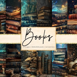 Könnte beinhalten: Eine Collage von Bildern mit Stapeln antiker Bücher mit abgenutzten Einbänden. Die Bilder haben einen himmlischen Hintergrund mit Sternen und Nebeln. Das Wort "Books" ist in eleganter Schrift geschrieben.