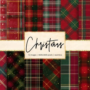 Puede incluir: Una colección de doce patrones de cuadros navideños sin costuras en tonos rojos, verdes y dorados. Los patrones incluyen varios diseños de tartán con sutiles efectos de brillo. La palabra "Christmas" está escrita en una elegante escritura.