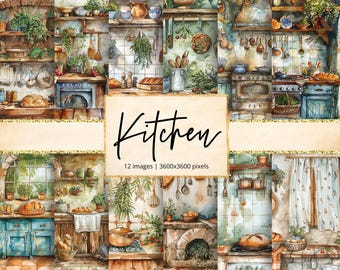 May include: A set of 12 digital paper designs featuring watercolor illustrations of a rustic kitchen with various details, including herbs, pots, pans, and a wood-burning stove. The papers are 3600x3600 pixels and are perfect for crafting projects, scrapbooking, and digital design.