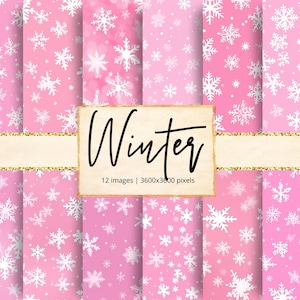 May include: A set of pink digital papers featuring white snowflake designs. The word "Winter" is written in black script on a beige background. The image also includes the text "12 images | 3600x3600 pixels".