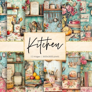 May include: A collage of 12 images featuring a vintage kitchen theme. The images are in a blue and white color scheme with floral accents and include various kitchen items such as dishes, utensils, and books. The text "Kitchen" is displayed in a decorative font.