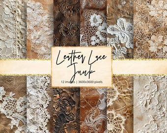 Leather Lace Junk Digital Paper, Brown White Beige Lace, Western Textures, Vintage Floral Leather, scrapbook paper, commercial use
