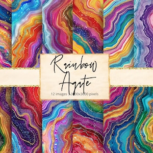 May include: Twelve digital paper designs featuring rainbow agate with gold glitter. Each design is 3000x3600 pixels.