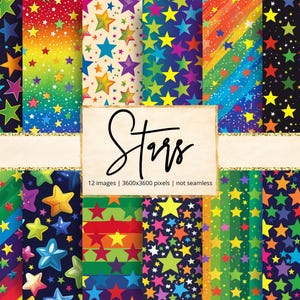 May include: A collection of twelve digital images featuring colorful star patterns. The designs include stars in various colors like red, yellow, blue, and green, set against backgrounds of rainbow gradients and dark hues. The word "Stars" is written in a cursive font.