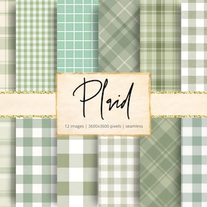May include: A collection of twelve seamless plaid patterns in shades of green and white. The patterns include various grid and diagonal designs. A gold-bordered banner with the word "Plaid" in cursive script is centered.