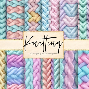 May include: A digital art piece featuring a collection of knitted textures in pastel colors. The image includes various patterns and color combinations, such as blue, pink, and yellow. The word "Knitting" is written in a cursive font.