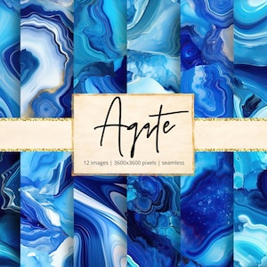 May include: A set of twelve digital images showcasing abstract agate designs in various shades of blue and white. The word "Agate" is written in a handwritten style on a beige background with gold glitter edging. The images are seamless and measure 3600x3600 pixels.