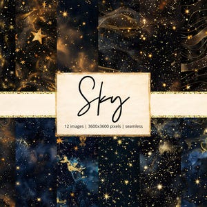 May include: A collection of twelve seamless digital images with a celestial theme. The images feature a dark blue and black background with gold stars, nebulas, and glitter effects. The word "Sky" is written in a cursive font on a cream-colored rectangle.