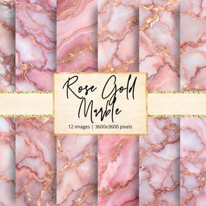 Puede incluir: Doce diseños de papel digital con mármol rosa y blanco con vetas doradas. El texto "Rose Gold Marble" se muestra en una pancarta.