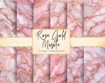 May include: Twelve digital paper designs featuring pink and white marble with gold veins. The text "Rose Gold Marble" is displayed on a banner.