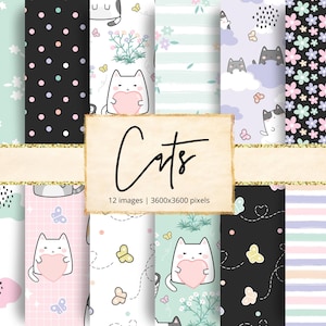 Op de afbeelding: Een set van 12 digitale papierpatronen met schattige katten met harten, vlinders en bloemen. De patronen zijn in verschillende kleuren, waaronder roze, blauw, groen en zwart. De tekst "Cats" is geschreven in een decoratief lettertype op een bruine achtergrond.
