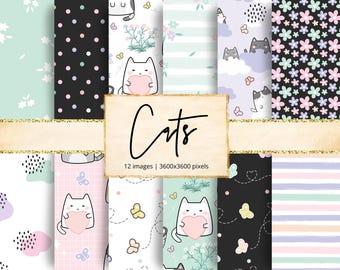 May include: A set of 12 digital paper patterns featuring cute cats with hearts, butterflies, and flowers. The patterns are in various colours, including pink, blue, green, and black. The text "Cats" is written in a decorative font on a brown background.