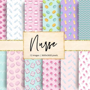 Peut inclure: Douze images numériques avec des motifs de cœurs, seringues, pilules et flacons médicaux. Le mot "Nurse" est écrit en script noir sur un fond beige avec une bordure dorée scintillante.