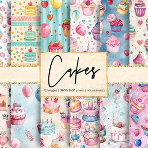 Puede incluir: Una colección de ilustraciones en acuarela con pasteles y cupcakes en varios diseños. Las imágenes incluyen pasteles con velas, globos y corazones. La palabra "Cakes" está escrita en cursiva sobre un fondo estilo pergamino. Las imágenes no son continuas.