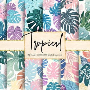 Könnte beinhalten: Eine Sammlung nahtloser tropischer Blättermuster in verschiedenen Farben, darunter Blau, Grün, Rosa und Lila. Das Wort "Tropical" ist in Schreibschrift geschrieben, darunter der Text "12 images | 3600x3600 pixels | seamless".