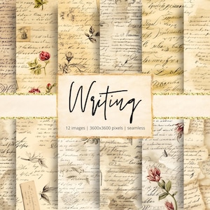 May include: A collection of 12 seamless digital papers with vintage handwritten script and floral accents. The papers feature aged textures, botanical illustrations, and the word "Writing". Each image is 3600x3600 pixels.