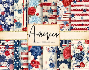 May include: A collection of 12 digital images with patriotic themes. The designs feature floral patterns with red, white, and blue flowers, along with American flag motifs. The word "America" is displayed in elegant script.