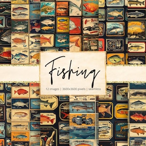 May include: A collage of vintage fishing-themed illustrations. The artwork features various fish species and fishing equipment on rectangular backgrounds. The word "Fishing" is written in cursive, with the text "12 images | 3600x3600 pixels | seamless" below.