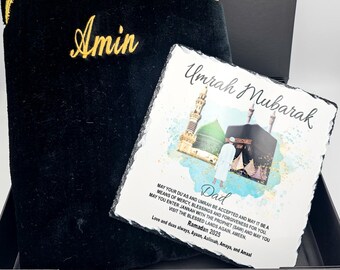 Personalized Umrah Mubarak Gift Set: Slate & Turkish Prayer Mat