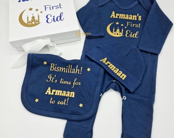 Personalized First Eid Gift Set, Baby Bodysuit, Bib & Hat