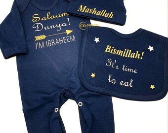 Personalized Baby Sleepsuit Set: Salaam Dunya, Bismillah, Mashallah