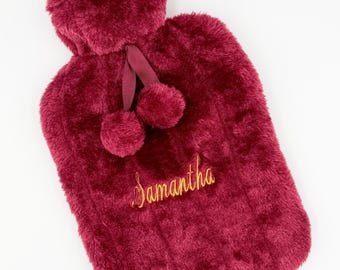 Personalized Faux Fur Hot Water Bottle with Pom Poms: Embroidered Name Gift