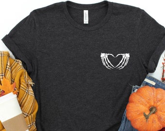 Skeleton Heart Hands Shirt | Halloween Shirt | Cute Spooky Shirt | Soft Goth Tee | Skeleton Pocket Heart Tee | Fall Shirt for Women
