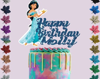 Adorno para tarta con purpurina personalizada de Jasmine Princess con cualquier nombre