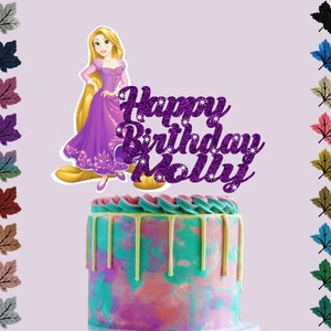 May include: Purple glitter cake topper with the words "Happy Birthday Molly" and a cartoon image of Rapunzel from the Disney movie Tangled.