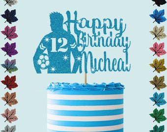 Topper de pastel de brillo personalizado de fútbol con nombre y edad