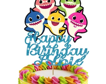 Personalised Shark Family Glitter Cake Topper, Kids Birthday Decoration