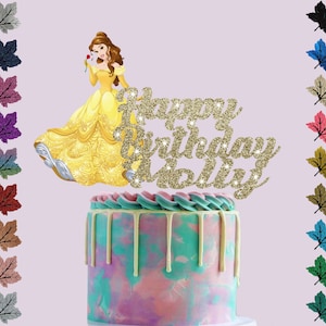 Topper per torta glitterato personalizzato Belle Princess con qualsiasi nome