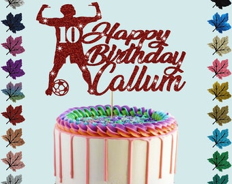 Topper de pastel de brillo personalizado de fútbol con nombre y edad