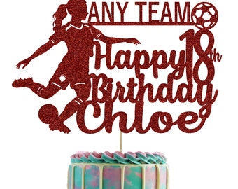 Female Football Personalised Glitter Cake Topper with Any Name Age & Team Name