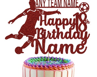 Adorno personalizado para tarta de fútbol con purpurina, con nombre, edad y nombre del equipo.