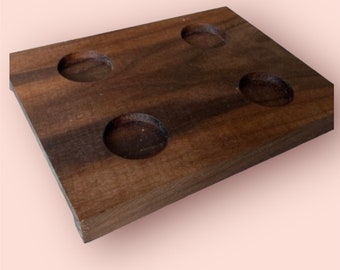 Personalized Ornate aesthetic rectangular Walnut shot flight tray with handles for kitchen decor, apartment living, gifts for him