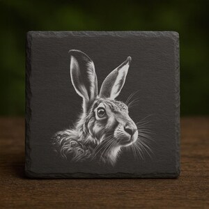 Puede incluir: Un posavasos cuadrado de pizarra negra con una ilustración detallada en escala de grises de la cabeza de una liebre. La liebre se representa de perfil, con largas orejas y pelaje detallado. El posavasos tiene un borde natural y texturizado.