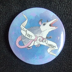 May include: A blue and purple button with a white opossum with a pink tail. The opossum is holding a white banner that says "Live Fast Eat Trash".