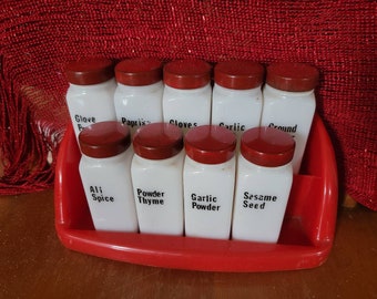 Vintage Griffith's milk glass spice jars and  rack