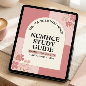 May include: A digital tablet displays a pink and white study guide titled "NCMHCE Study Guide" with floral accents. A pink mug of coffee with latte art, a pink notebook, and a gold pen are also on the wooden surface.