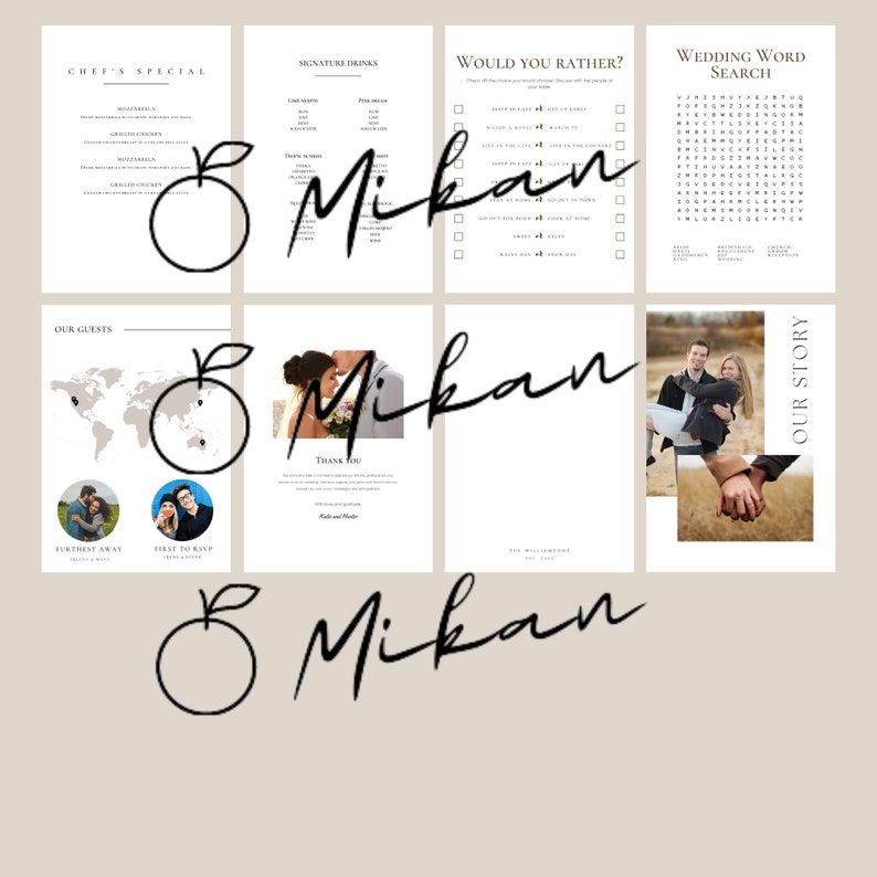 May include: A wedding invitation suite with a minimalist design. The suite includes a menu, a signature drinks list, a "would you rather" game, a wedding word search, a map of the guests' hometowns, a thank you card, and a "our story" page. The suite is decorated with a simple orange graphic.