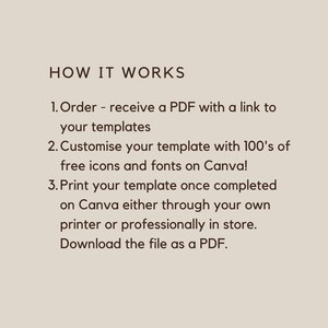 May include: How it works: Order a PDF with a link to your templates, customize them with free icons and fonts on Canva, and print your completed template on Canva or at a store. Download the file as a PDF.