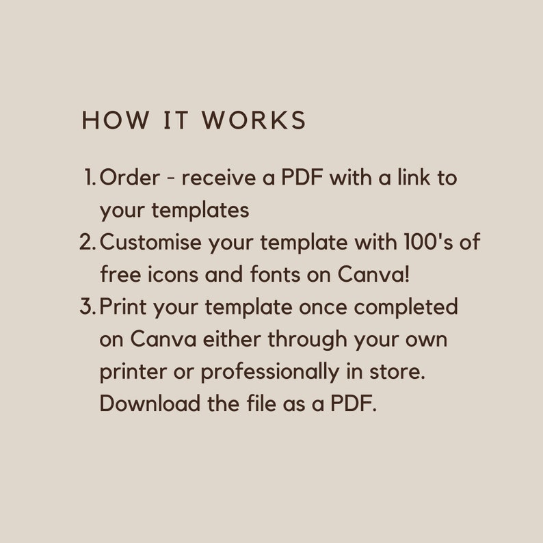 May include: How it works: Order a PDF with a link to your templates, customize them with free icons and fonts on Canva, and print your completed template on Canva or at a store. Download the file as a PDF.