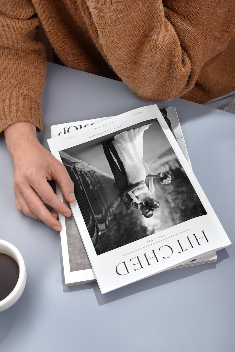 May include: A black and white photo of a couple on their wedding day, featured on the cover of a magazine titled "Hitched" with the date "1st 2023".